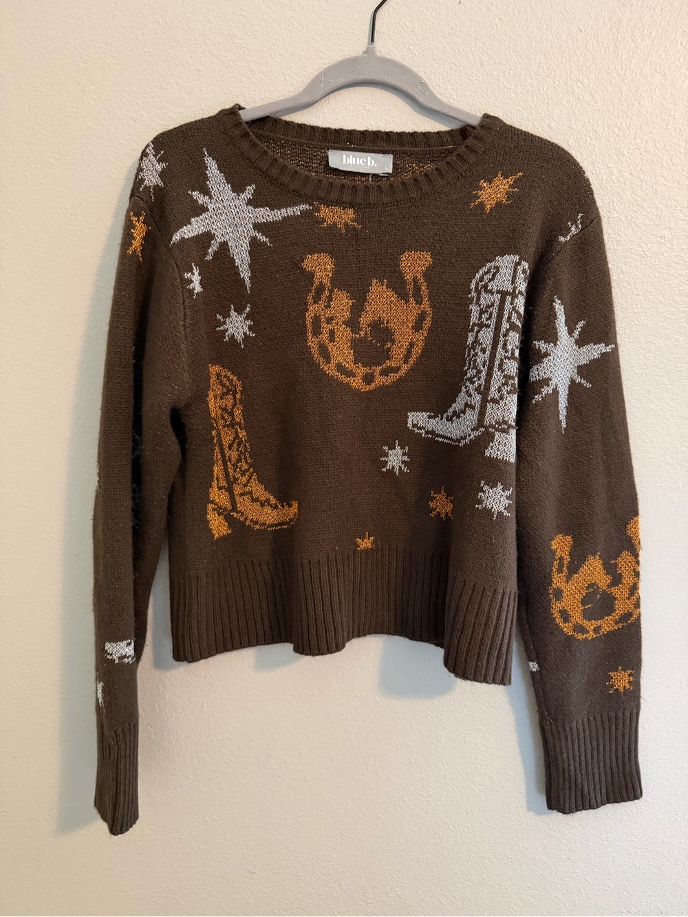 Blue B Western Cowboy Boots Horseshoe Star Sweater Brown Size L Rodeo Country